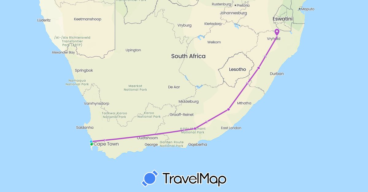 TravelMap itinerary: driving, bus, train, boat in South Africa (Africa)
